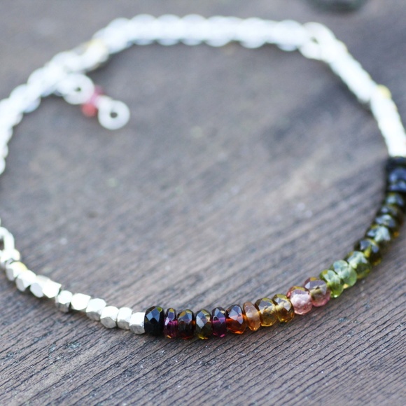 Handcrafted Untreated Natural Rainbow Tourmaline Bracelet Sterling Silver - Picture 3 of 7